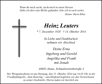 Todesanzeige von Heinz Leuters von Münstersche Zeitung und Münsterland Zeitung