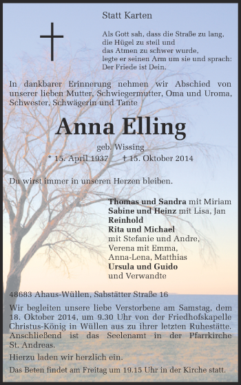 Todesanzeige von Anna Elling von Münstersche Zeitung und Münsterland Zeitung
