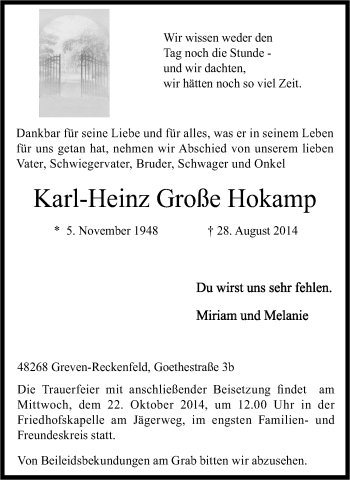 Todesanzeige von Karl Heinz Große Hokamp von Münstersche Zeitung und Grevener Zeitung