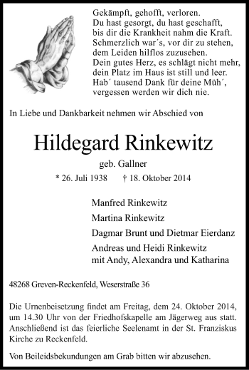 Todesanzeige von Hildegard Rinkewitz von Münstersche Zeitung und Grevener Zeitung