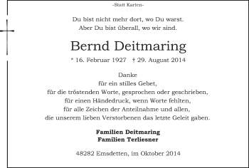 Todesanzeige von Bernd Deitmaring 