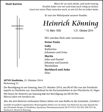 Todesanzeige von Heinrich Könning von Münstersche Zeitung und Münsterland Zeitung