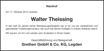 Todesanzeige von Walter Theissing von Münstersche Zeitung und Münsterland Zeitung