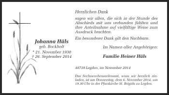 Todesanzeige von Johanna Hüls von Münstersche Zeitung und Münsterland Zeitung