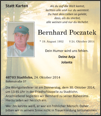 Todesanzeige von Bernhard Poczatek von Münstersche Zeitung und Münsterland Zeitung