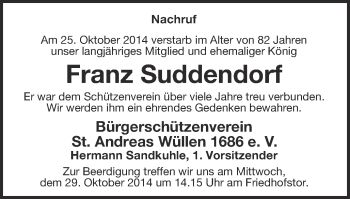 Todesanzeige von Franz Suddendorf von Münstersche Zeitung und Münsterland Zeitung