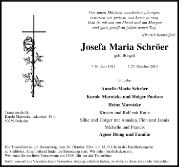 Todesanzeige von Josefa Maria Schröer von Münstersche Zeitung und Münsterland Zeitung