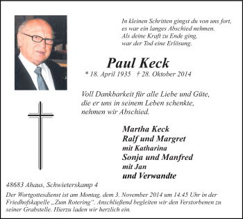 Todesanzeige von Paul Keck von Münstersche Zeitung und Münsterland Zeitung