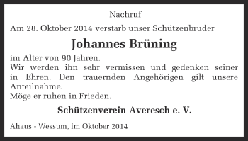 Todesanzeige von Johannes Brüning von Münstersche Zeitung und Münsterland Zeitung