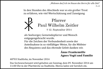 Todesanzeige von Paul Wilhelm Zeitler von Münstersche Zeitung und Münsterland Zeitung