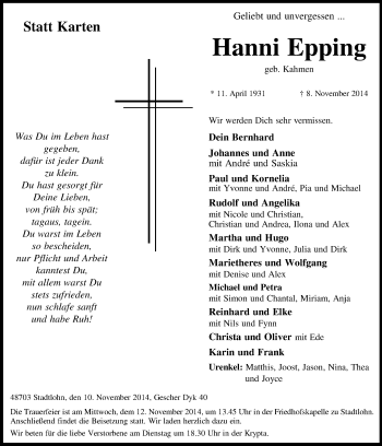 Todesanzeige von Hanni Epping von Münstersche Zeitung und Münsterland Zeitung
