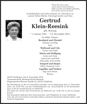 Todesanzeige von Gertrud Klein-Reesink von Münstersche Zeitung und Münsterland Zeitung