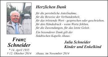 Todesanzeige von Franz Schneider von Münstersche Zeitung und Münsterland Zeitung