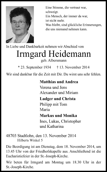 Todesanzeige von Irmgard Heidemann von Münstersche Zeitung und Münsterland Zeitung