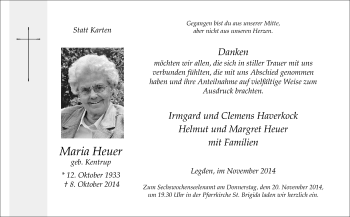 Todesanzeige von Maria Heuer von Münstersche Zeitung und Münsterland Zeitung