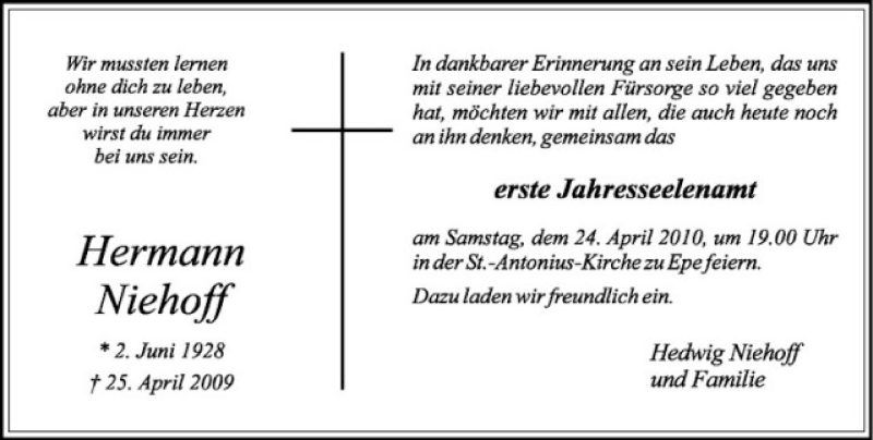  Traueranzeige für Hermann Niehoff vom 21.04.2010 aus Westfälische Nachrichten
