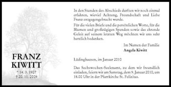 Todesanzeige von Franz Kiwitt von Westfälische Nachrichten