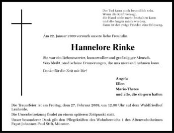 Todesanzeige von Hannelore Rinke von Westfälische Nachrichten