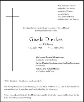 Todesanzeige von Gisela Dierkes von Westfälische Nachrichten