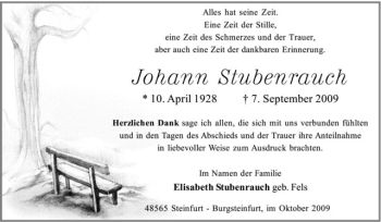 Todesanzeige von Johann Stubenrauch von Westfälische Nachrichten