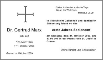 Todesanzeige von Gertrud Marx von Westfälische Nachrichten