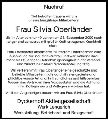 Todesanzeige von Silvia Oberländer von Westfälische Nachrichten