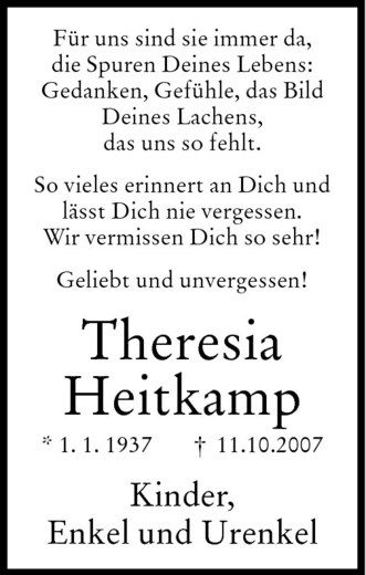 Todesanzeige von Theresia Heitkamp von Westfälische Nachrichten