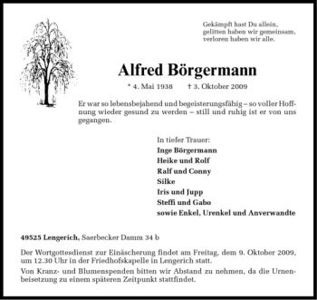 Todesanzeige von Alfred Börgermann von Westfälische Nachrichten