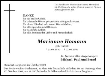 Todesanzeige von Marianne Homann von Westfälische Nachrichten