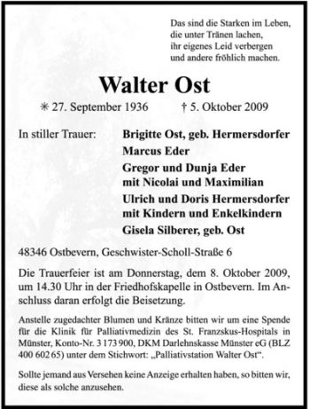 Todesanzeige von Walter Ost von Westfälische Nachrichten