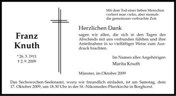 Todesanzeige von Franz Knuth von Westfälische Nachrichten