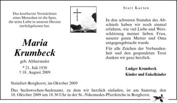 Todesanzeige von Maria Krumbeck von Westfälische Nachrichten