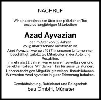 Todesanzeige von Azad Ayvazian von Westfälische Nachrichten