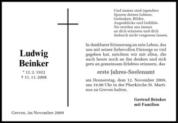 Todesanzeige von Ludwig Beinker von Westfälische Nachrichten