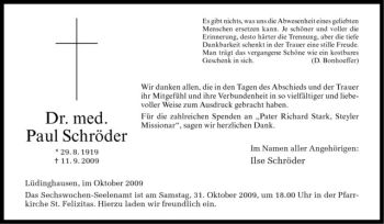 Todesanzeige von Paul Schröder von Westfälische Nachrichten