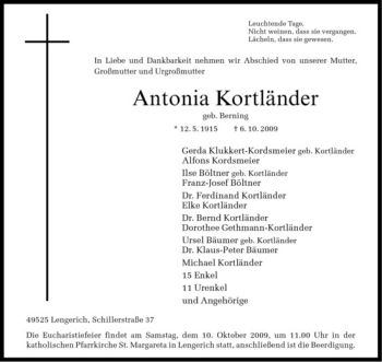 Todesanzeige von Antonia Kortländer von Westfälische Nachrichten