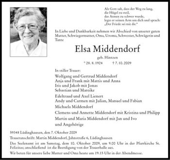 Todesanzeige von Elsa Middendorf von Westfälische Nachrichten