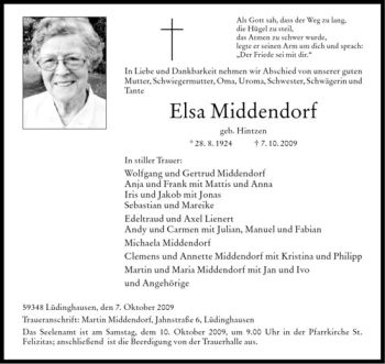 Todesanzeige von Elsa Middendorf von Westfälische Nachrichten