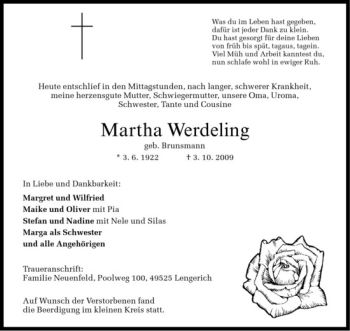 Todesanzeige von Martha Werdeling von Westfälische Nachrichten