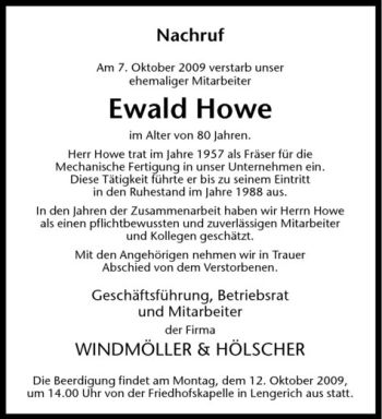 Todesanzeige von Ewald Howe von Westfälische Nachrichten