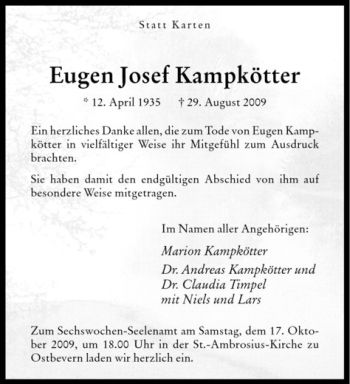 Todesanzeige von Eugen Josef Kampkötter von Westfälische Nachrichten