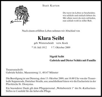 Todesanzeige von Klara Seibt von Westfälische Nachrichten