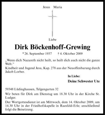 Todesanzeige von Dirk Böckenhoff-Grewing von Westfälische Nachrichten