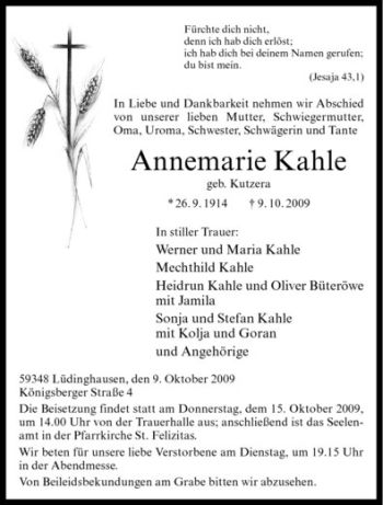 Todesanzeige von Annemarie Kahle von Westfälische Nachrichten