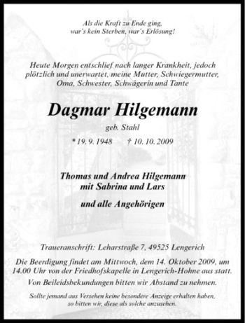 Todesanzeige von Dagmar Hilgemann von Westfälische Nachrichten