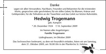 Todesanzeige von Hedwig Trogemann von Westfälische Nachrichten