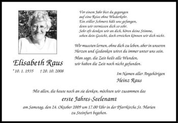 Todesanzeige von Elisabeth Raus von Westfälische Nachrichten
