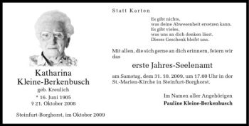 Todesanzeige von Katharina Kleine-Berkenbusch von Westfälische Nachrichten