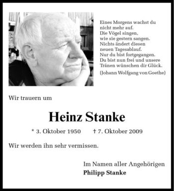 Todesanzeige von Heinz Stanke von Westfälische Nachrichten