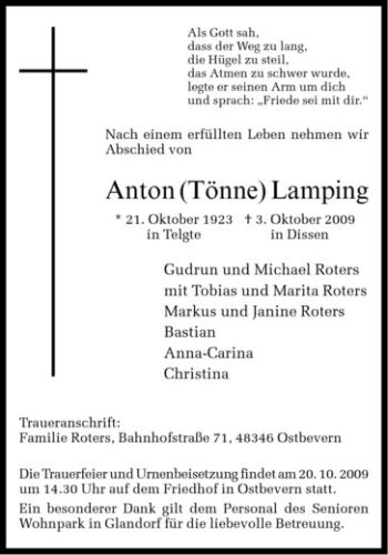 Todesanzeige von Anton (Tönne) Lamping von Westfälische Nachrichten